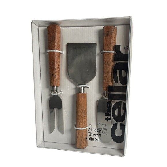 Macy’s The Cellar Cheese Knife Set Of 3 Rustic Natural Wood & Stainless Steel - Picture 1 of 3